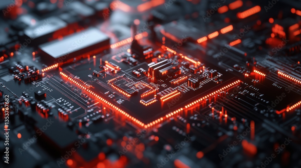Poster 3d render of futuristic circuit board with glowing orange led lights and microchips in dark environm