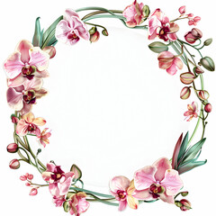 Naklejka premium A circular floral frame featuring pink orchids and green leaves for decorative use.