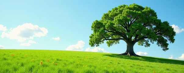 Fototapeta premium Ancient oak dominates expansive grassy expanse, sun, scenic