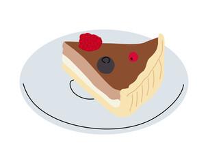 Cheese cake on plate flat vector illustration. Tasty cake slice decorated with berries isolated. Delicious pastry, traditional american cheesecake. Baked dessert, chocolate tart design element.