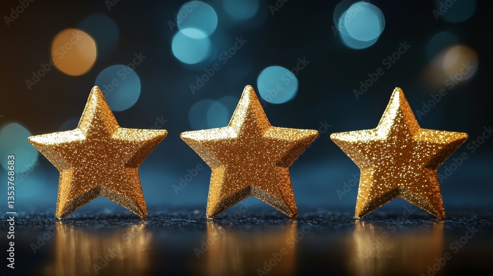 Poster glimmering golden stars with soft bokeh lighting in background