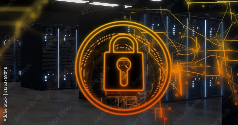 Poster lock symbol and digital network animation over data servers in secure facility
