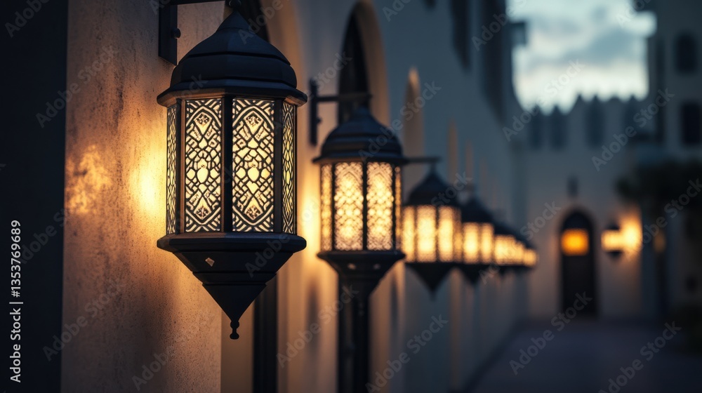 Aufkleber elegant lanterns illuminating pathway in warm evening glow with intricate designs and soft shadows