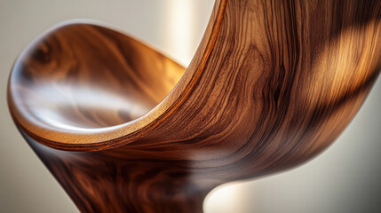 Fototapeta premium A close-up of a sculptural wooden chair with a flowing, organic form, smooth curves and natural grain visible