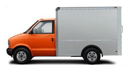 Classic compact american delivery truck side view. With white van and orange cabin. In png format on transparent background.