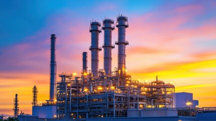 Fototapeta premium Industrial complex with towering smokestacks against a vibrant sunset sky, showcasing a busy energy production facility with bright lights and intricate structures.