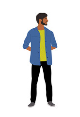 Business man wearing casual clothes standing front view looking to the side. Handsome bearded man cartoon character vector colorful illustration isolated on white background.
