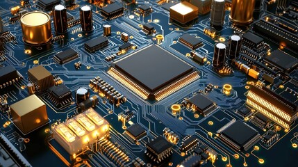 Close-up of an electronic circuit board with neon blue traces, microchips, and digital signals.