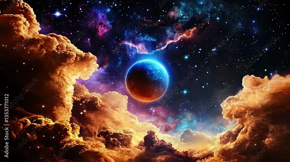 Poster cosmic galaxy-inspired abstract background with glowing nebula clouds and deep space hues.