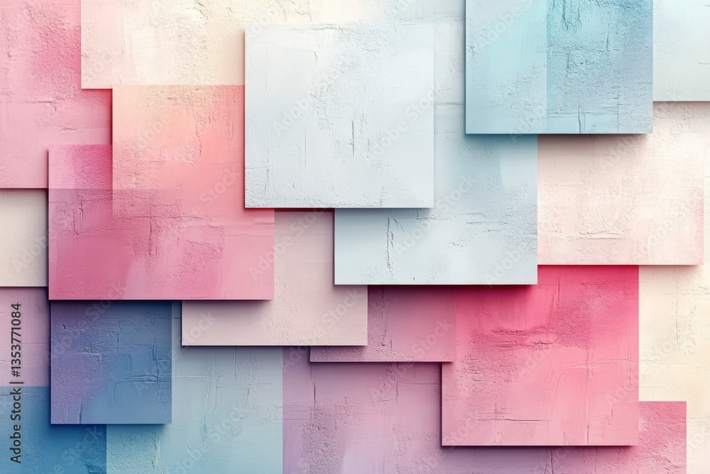Poster a visually appealing abstract background with layered pastel-colored square panels in soft pink, blu