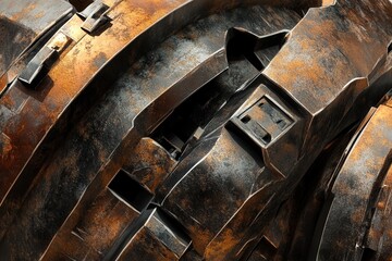Robotic detail structure design with scratched, dusty, and rusted metallic effects for an industrial, grunge feel