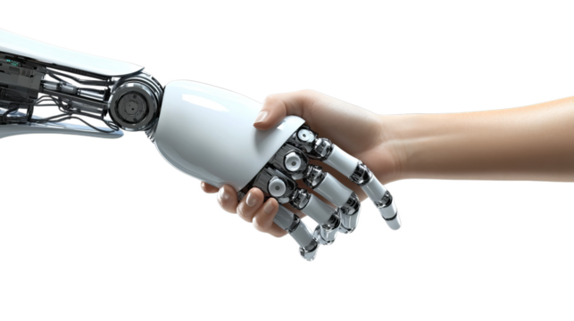 Symbolic handshake between human and robot represents unity and collaboration in technology. Ideal for themes of innovation, artificial intelligence, and future of work.