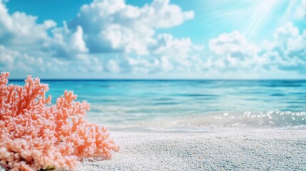 Close up of sand surface with sea plants on beautiful sea landscape background during clear cloudy sky. Template concept with empty space for product presentation, mock-up for displaying products