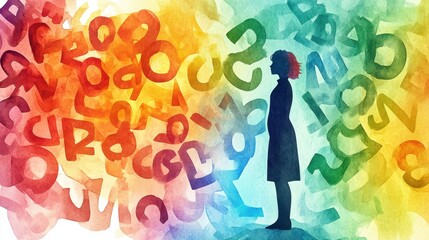 A Girl Surrounded by Colorful Watercolor Letters and Numbers: A Visual Representation of Literacy and Numeracy