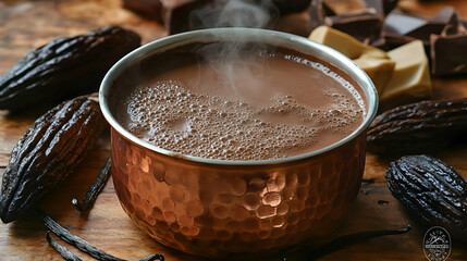 Steaming Hot Chocolate In Copper Pot On Wooden Table