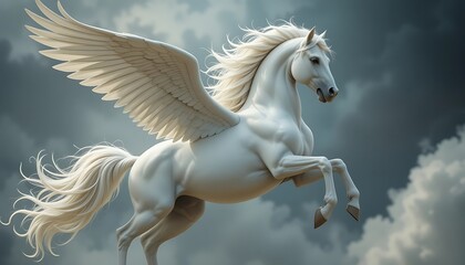 Majestic Winged Horse Soaring Through Cloudy Skies with Grace and Power