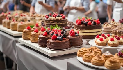 Food festival dessert competition with cakes and pastries on display

