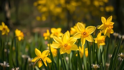 Fototapeta premium Bright yellow daffodils bloom beautifully in a lush green field, basking under warm sunlight in spring