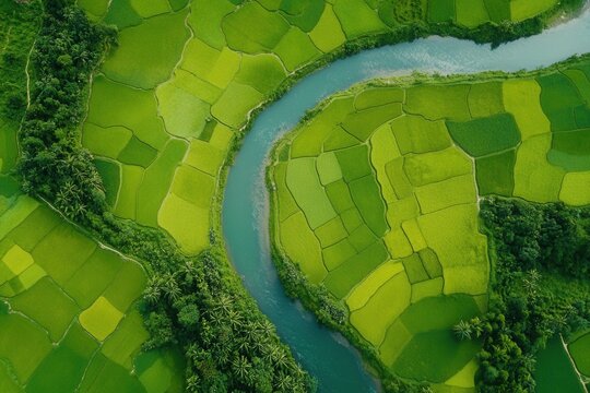 Aerial perspective of Phong Nam Valley, showcasing the stunning rivers and lush rice fields in Northern Vietnam
