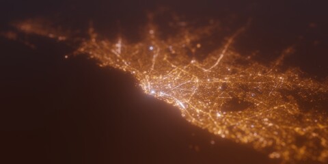 Street lights map of Buenos Aires (Argentina) with tilt-shift effect, view from north. Imitation of macro shot with blurred background. 3d render, selective focus
