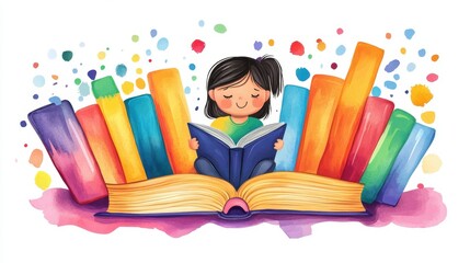 A Young Girl Immersed in the Colorful World of Books: A Delightful Watercolor Illustration of Childhood Literacy