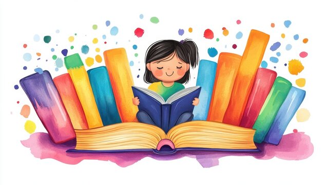 A Young Girl Immersed in the Colorful World of Books: A Delightful Watercolor Illustration of Childhood Literacy