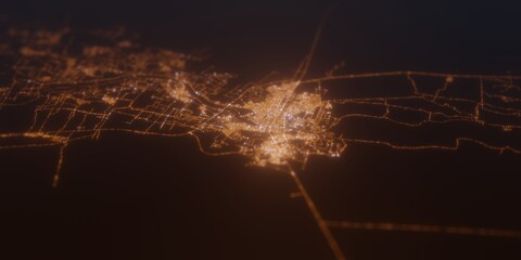 Street lights map of Piura (Peru) with tilt-shift effect, view from east. Imitation of macro shot with blurred background. 3d render, selective focus