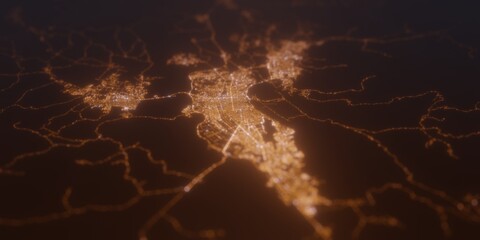 Street lights map of Barquisimeto (Venezuela) with tilt-shift effect, view from west. Imitation of macro shot with blurred background. 3d render, selective focus