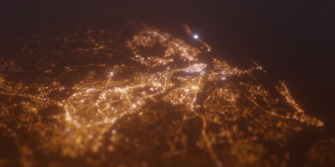 Street lights map of Charleston (South Carolina, USA) with tilt-shift effect, view from west. Imitation of macro shot with blurred background. 3d render, selective focus