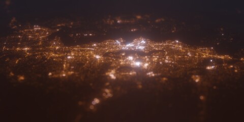Street lights map of Seattle (Washington, USA) with tilt-shift effect, view from east. Imitation of macro shot with blurred background. 3d render, selective focus