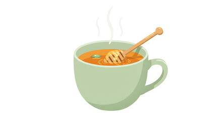 Enjoying Hot Tea with Honey in a Cozy Green Mug Illustration