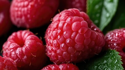 Close-up of fresh raspberries.  Juicy, vibrant berries with visible texture and dew drops