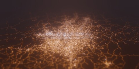 Street lights map of Yaounde (Cameroon) with tilt-shift effect, view from south. Imitation of macro shot with blurred background. 3d render, selective focus