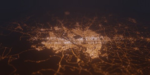 Street lights map of Mosul (Iraq) with tilt-shift effect, view from south. Imitation of macro shot with blurred background. 3d render, selective focus