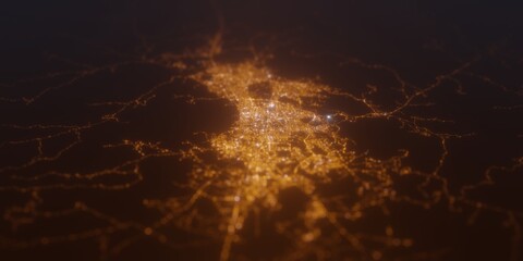 Street lights map of Sana'a (Yemen) with tilt-shift effect, view from north. Imitation of macro shot with blurred background. 3d render, selective focus