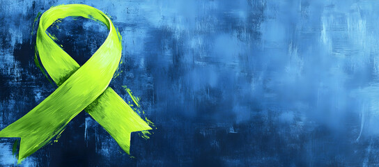 Photo of a lime green ribbon on a blue background for cancer awareness day.