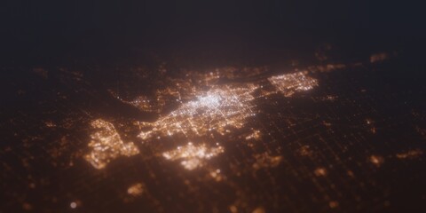 Street lights map of Ottawa (Canada) with tilt-shift effect, view from south. Imitation of macro shot with blurred background. 3d render, selective focus