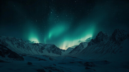 Aurora Borealis banner in Tromsø with night sky background emitting green and purple sparkling lights over snowy mountains