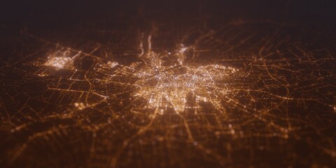 Street lights map of Lublin (Poland) with tilt-shift effect, view from north. Imitation of macro shot with blurred background. 3d render, selective focus