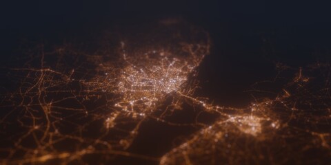 Street lights map of Szczecin (Poland) with tilt-shift effect, view from south. Imitation of macro shot with blurred background. 3d render, selective focus