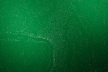 Map of the streets of Vientiane (Laos) made with white lines on abstract green background lit by two lights. Top view. 3d render, illustration
