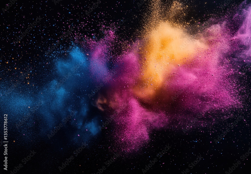 Poster vibrant color explosion in space created by colorful powder against black background capturing energ