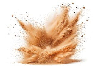 A dramatic explosion of brown powder against a white background