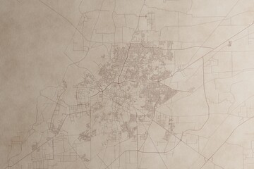 Obraz premium Map of Multan (Pakistan) on an old vintage sheet of paper. Retro style grunge paper with light coming from right. 3d render