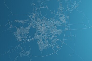 Map of the streets of Medina (Saudi Arabia) made with white lines on blue paper. Rough background. 3d render, illustration