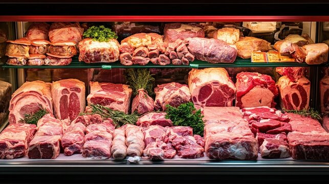 A butcher shop meat case filled with premium cuts, showcasing variety and freshness under bright lighting.