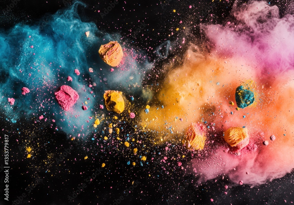 Poster vibrant color explosion of pigment clouds on dark background creating a dynamic and artistic abstrac