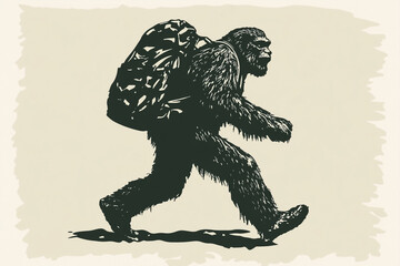 Funny hiking, bigfoot with backpack, linocut texture