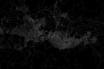 Stylized map of the streets of Bursa (Turkey) made with white lines on black background. Top view. 3d render, illustration