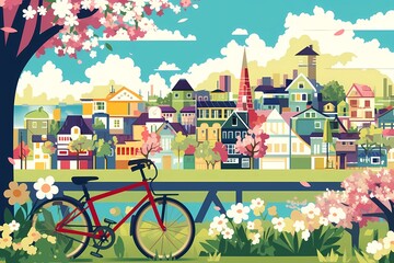 Flat Illustration of Colorful Spring Tokyo Cityscape: Lofi Jazz and City Pop Music YouTube Channel Thumbnail